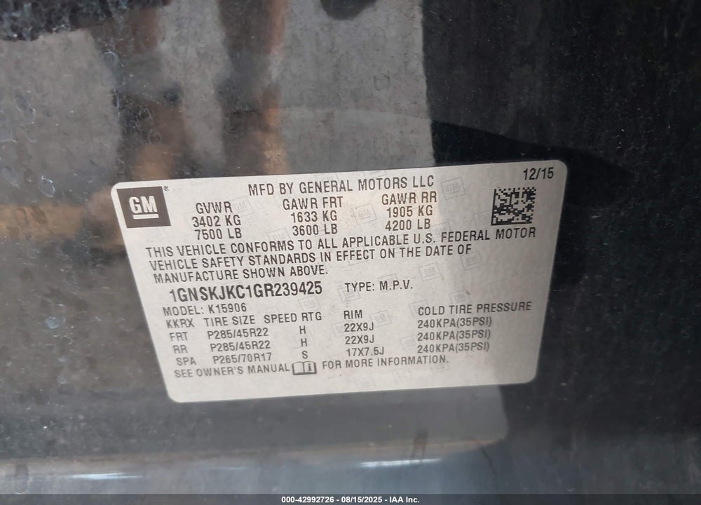 2016 CHEVROLET SUBURBAN VIN: 1GNSKJKC1GR239425