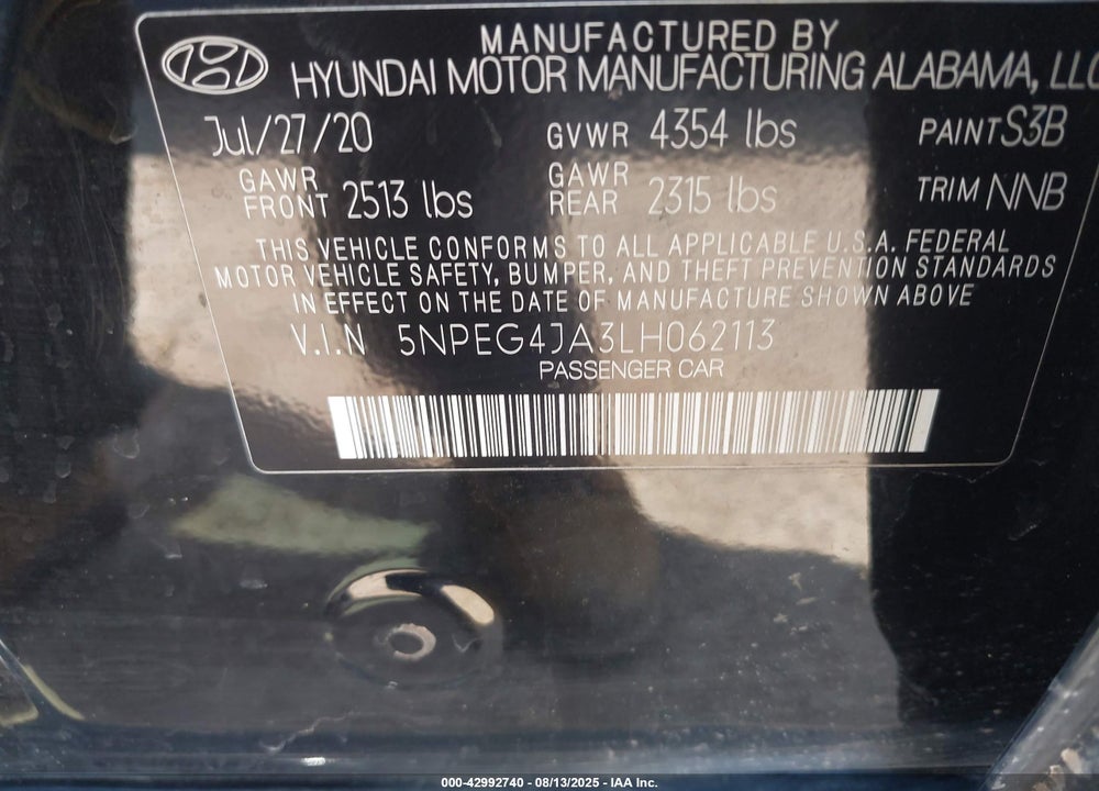 2020 HYUNDAI SONATA SE VIN: 5NPEG4JA3LH062113