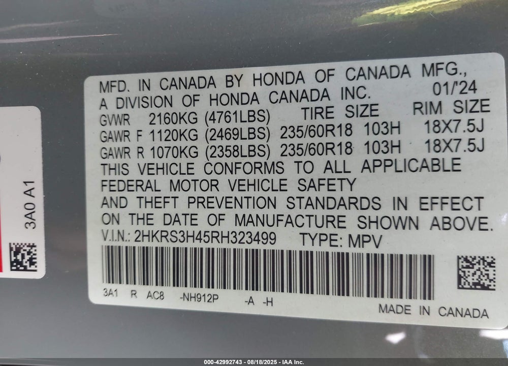 2024 HONDA CR-V VIN: 2HKRS3H45RH323499