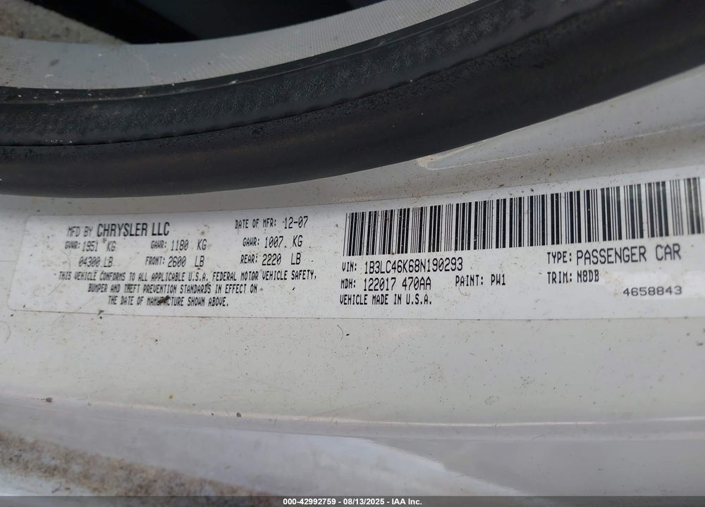 2008 DODGE AVENGER SE VIN: 1B3LC46K68N190293