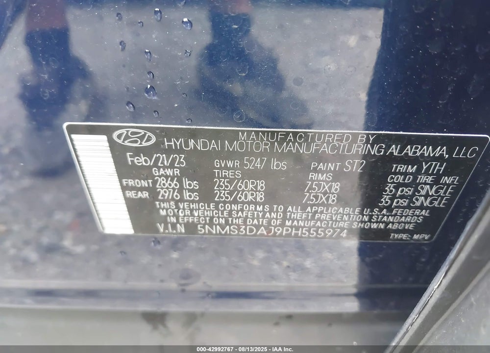 2023 HYUNDAI SANTA FE VIN: 5NMS3DAJ9PH555974