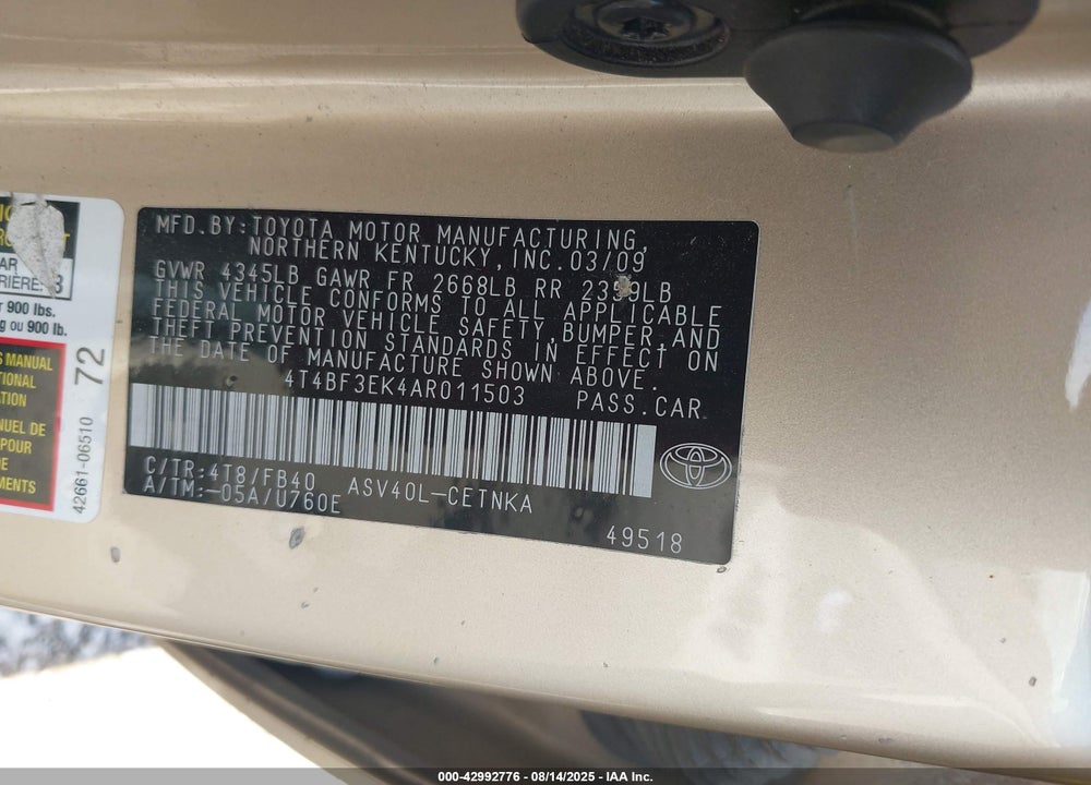2010 TOYOTA CAMRY VIN: 4T4BF3EK4AR011503