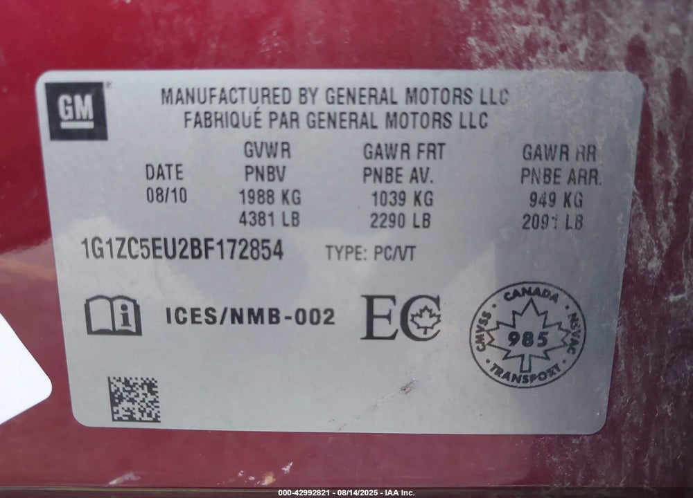2011 CHEVROLET MALIBU VIN: 1G1ZC5EU2BF172854