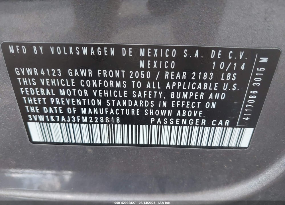 2015 VOLKSWAGEN JETTA VIN: 3VW1K7AJ3FM228818