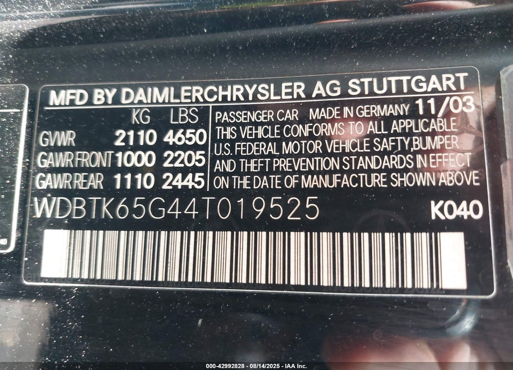 2004 MERCEDES-BENZ CLK 320 VIN: WDBTK65G44T019525