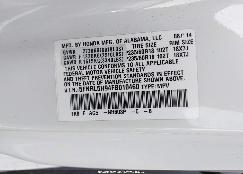 2015 HONDA ODYSSEY TOURING/TOURING ELITE VIN: 5FNRL5H94FB010460