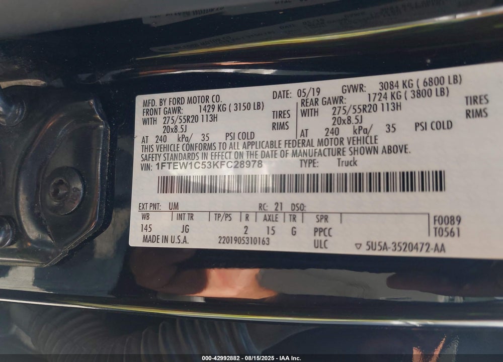 2019 FORD F-150 XL VIN: 1FTEW1C53KFC28978