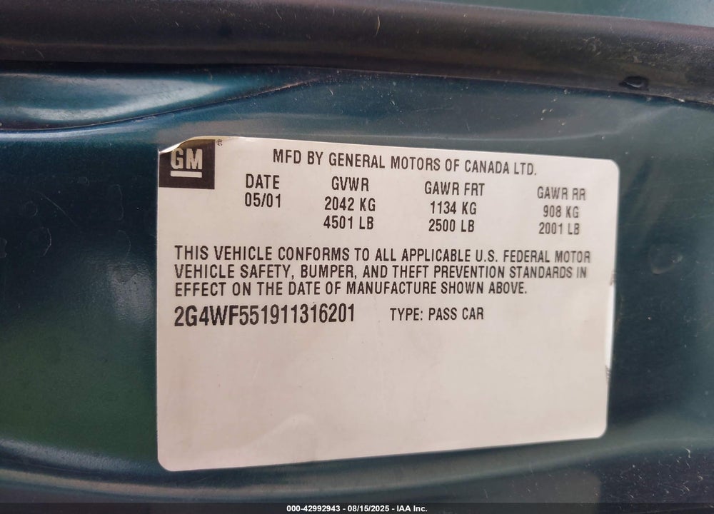 2001 BUICK REGAL GS VIN: 2G4WF551911316201