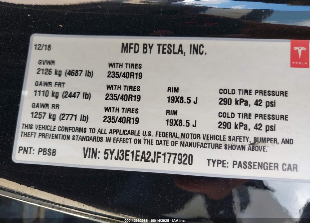 2018 TESLA MODEL 3 VIN: 5YJ3E1EA2JF177920