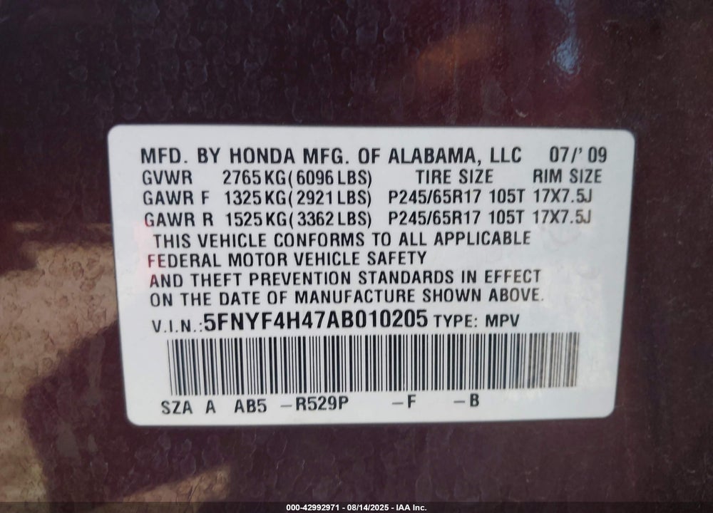 2010 HONDA PILOT EX VIN: 5FNYF4H47AB010205