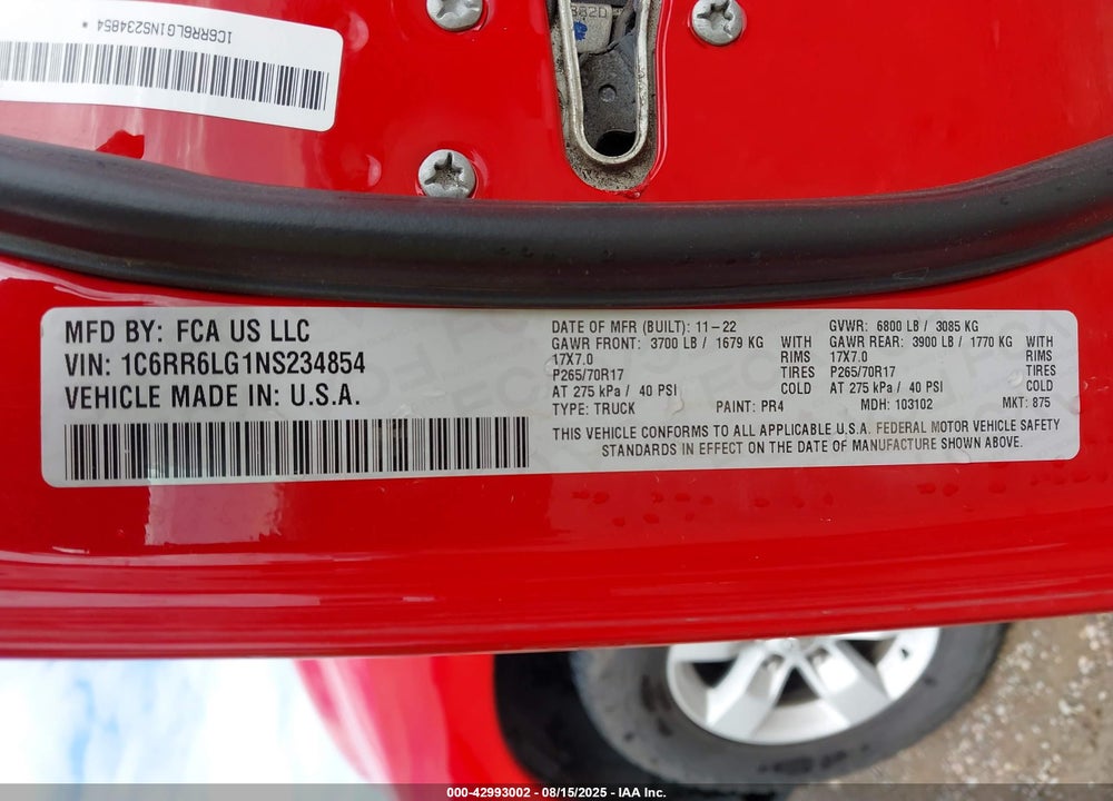 2022 RAM 1500 VIN: 1C6RR6LG1NS234854