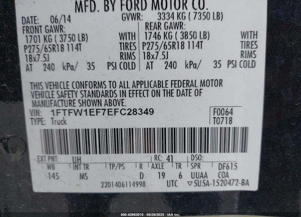 2014 FORD F-150 XLT VIN: 1FTFW1EF7EFC28349