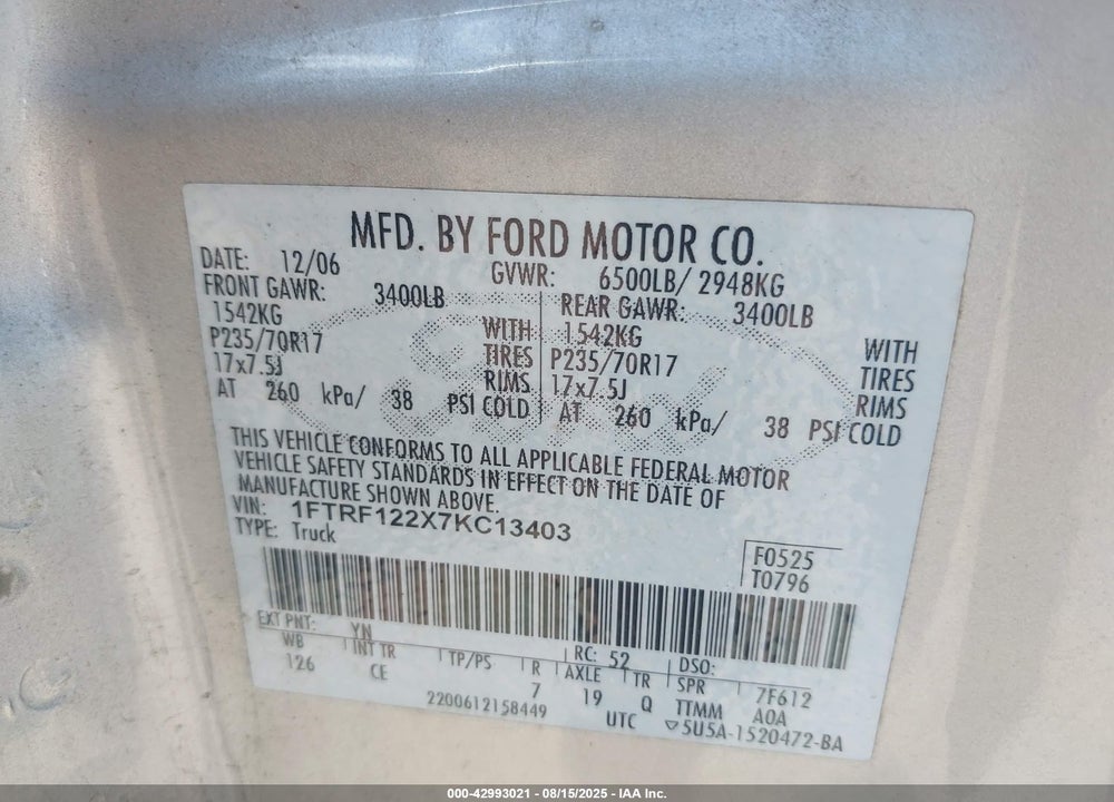 2007 FORD F-150 STX/XL/XLT VIN: 1FTRF122X7KC13403