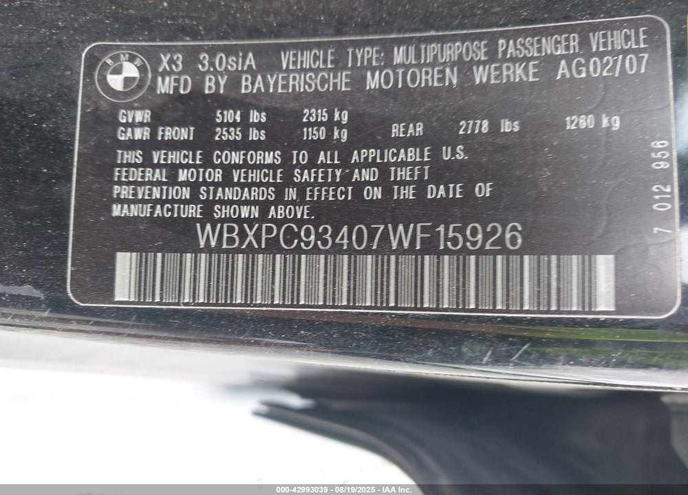 2007 BMW X3 VIN: WBXPC93407WF15926