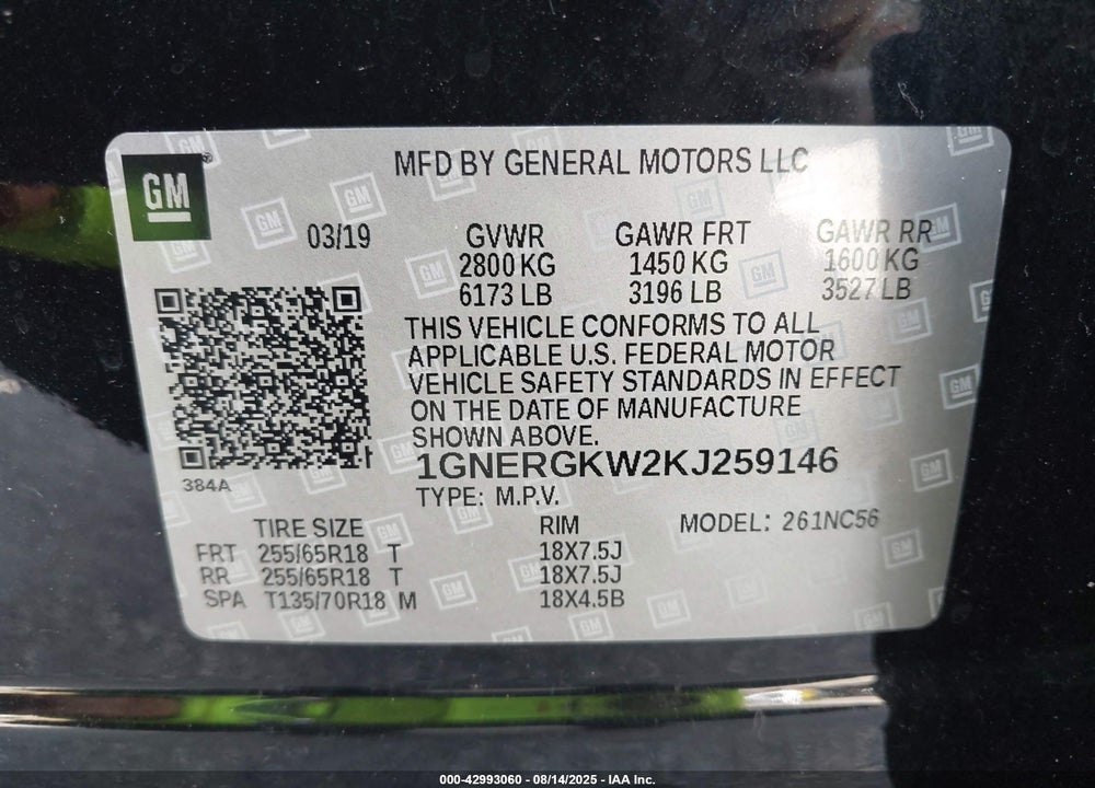 2019 CHEVROLET TRAVERSE 1LT VIN: 1GNERGKW2KJ259146