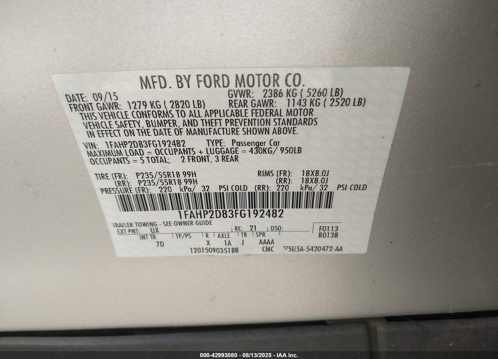 2015 FORD TAURUS VIN: 1FAHP2D83FG192482