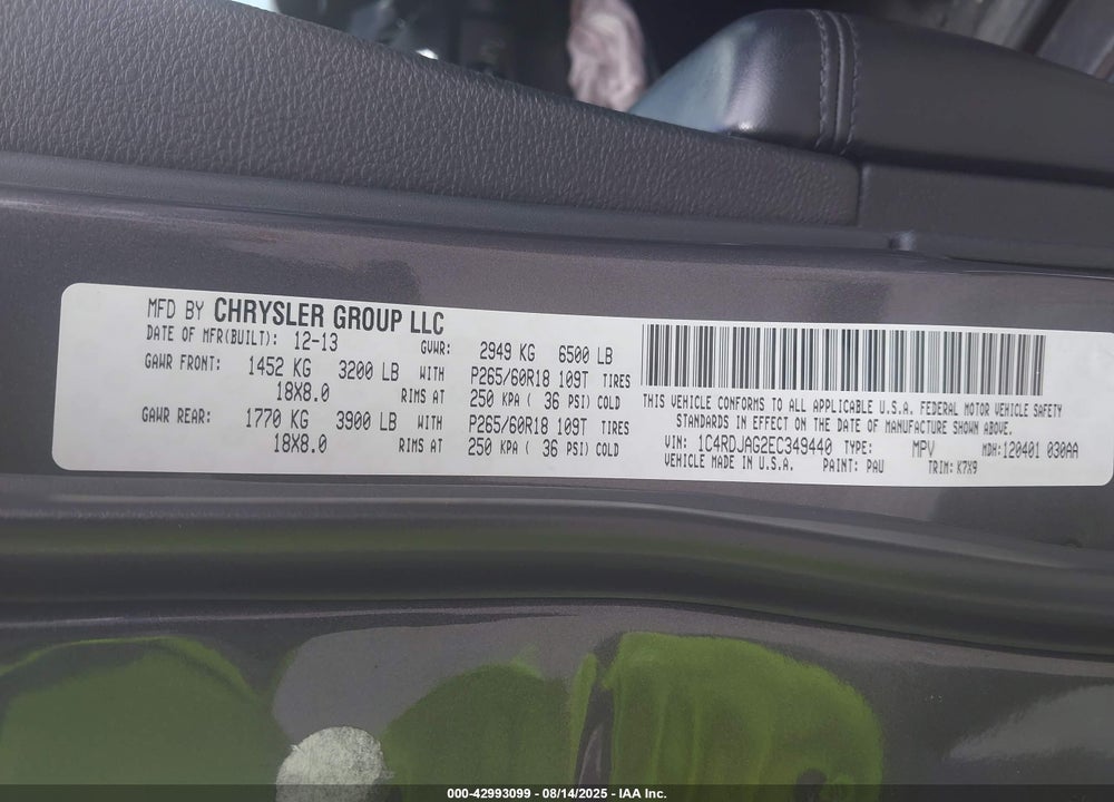 2014 DODGE DURANGO VIN: 1C4RDJAG2EC349440