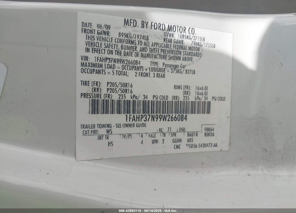 2009 FORD FOCUS VIN: 1FAHP37N99W266084