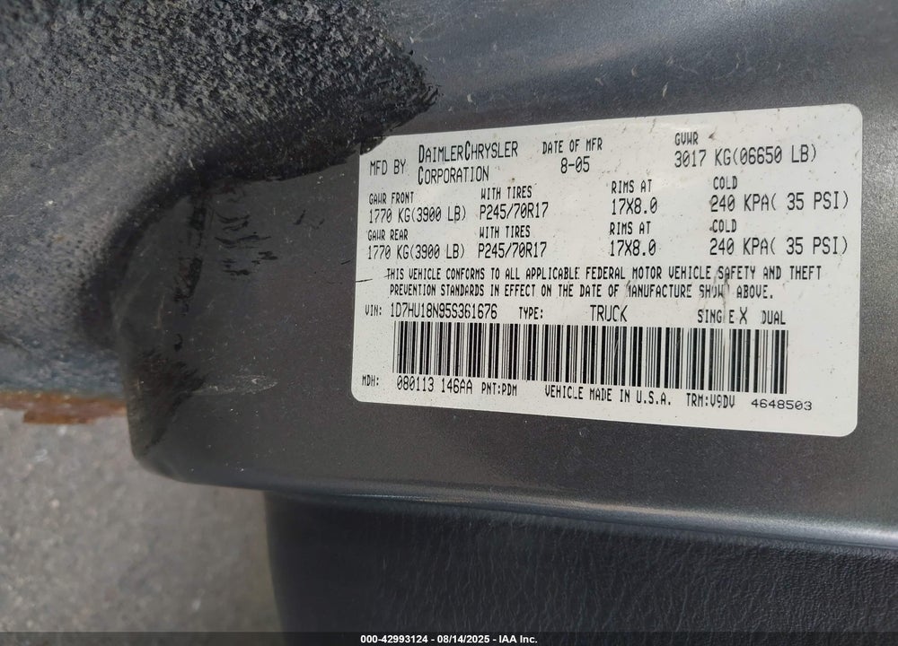 2005 DODGE RAM 1500 SLT/LARAMIE VIN: 1D7HU18N95S361676