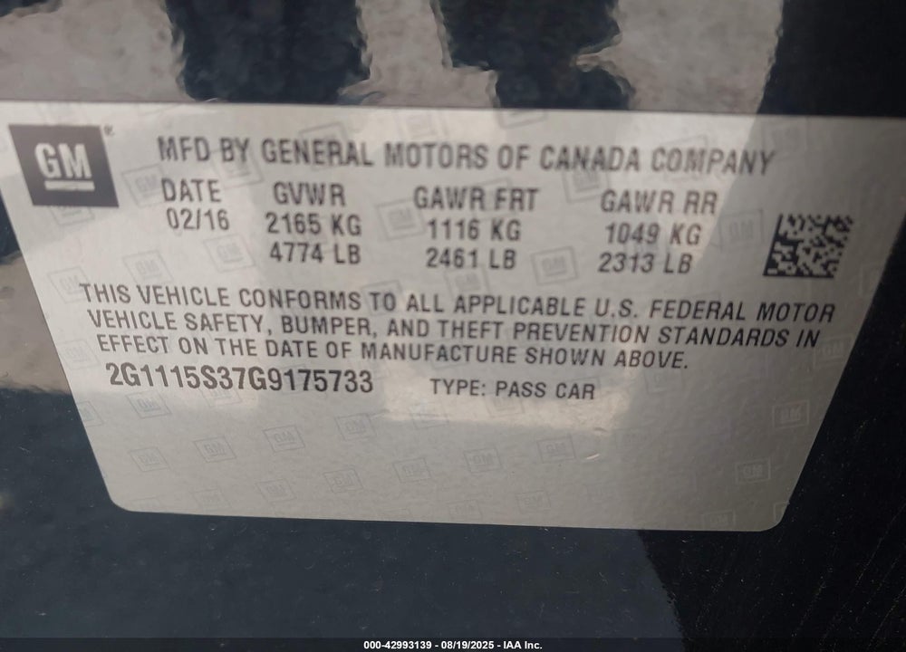 2016 CHEVROLET IMPALA VIN: 2G1115S37G9175733