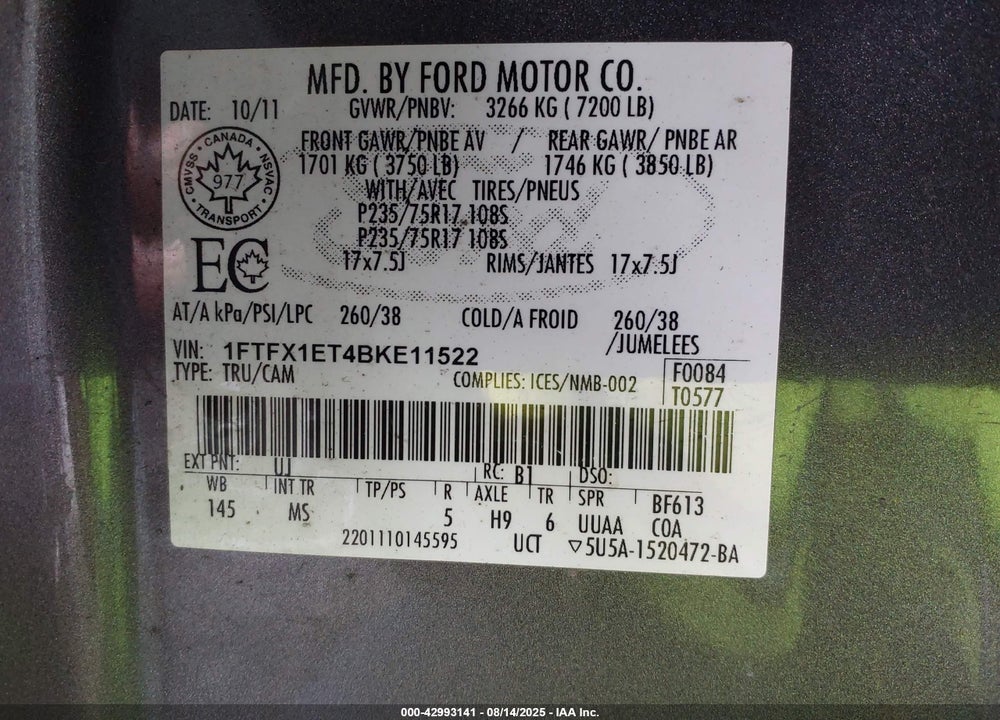 2011 FORD F-150 VIN: 1FTFX1ET4BKE11522
