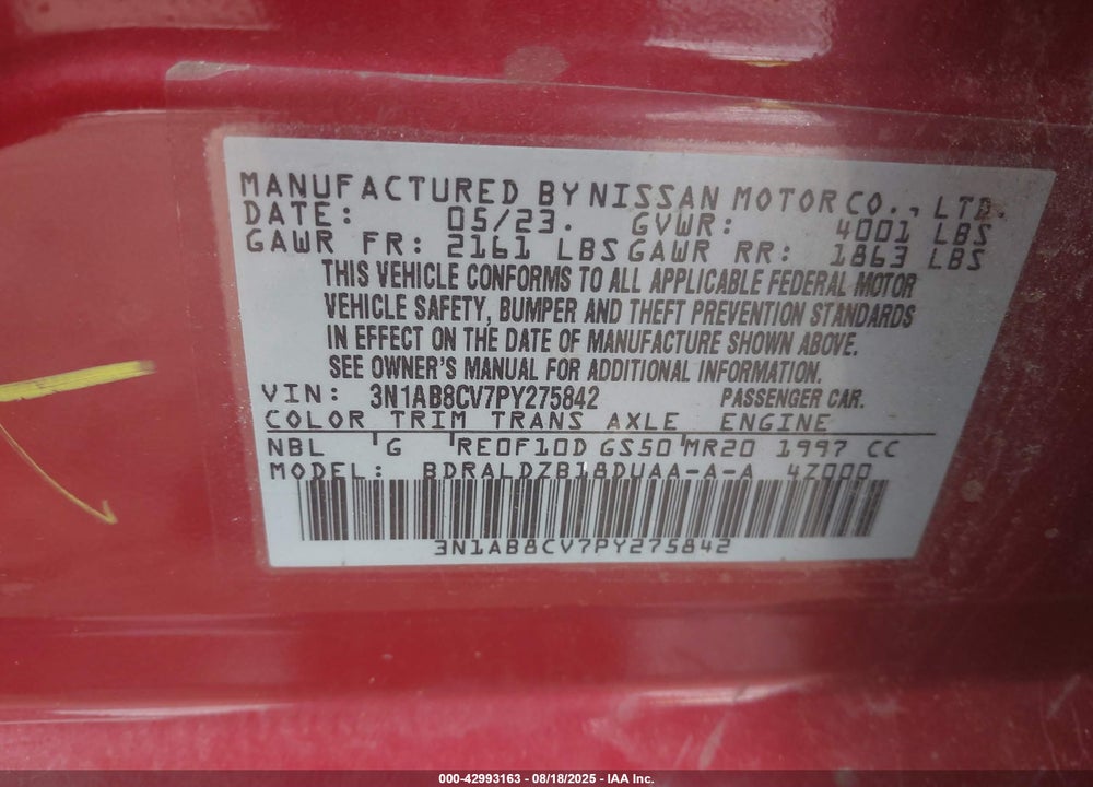 2023 NISSAN SENTRA SV XTRONIC CVT VIN: 3N1AB8CV7PY275842