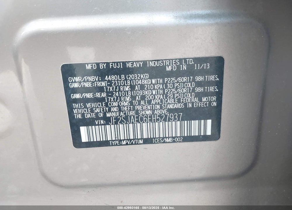 2014 SUBARU FORESTER VIN: JF2SJAEC6EH527937