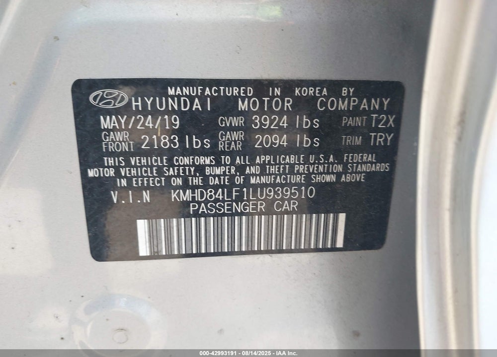 2020 HYUNDAI ELANTRA VIN: KMHD84LF1LU939510