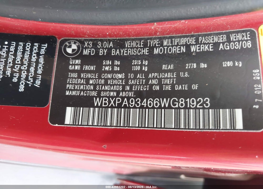 2006 BMW X3 3.0I VIN: WBXPA93466WG81923