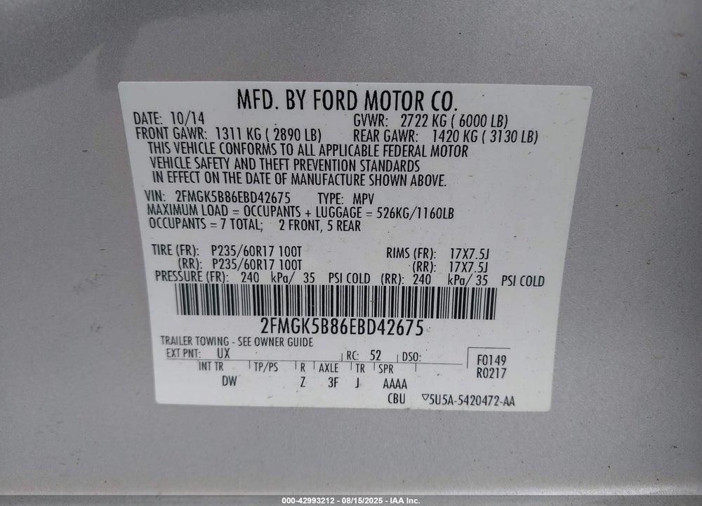 2014 FORD FLEX VIN: 2FMGK5B86EBD42675