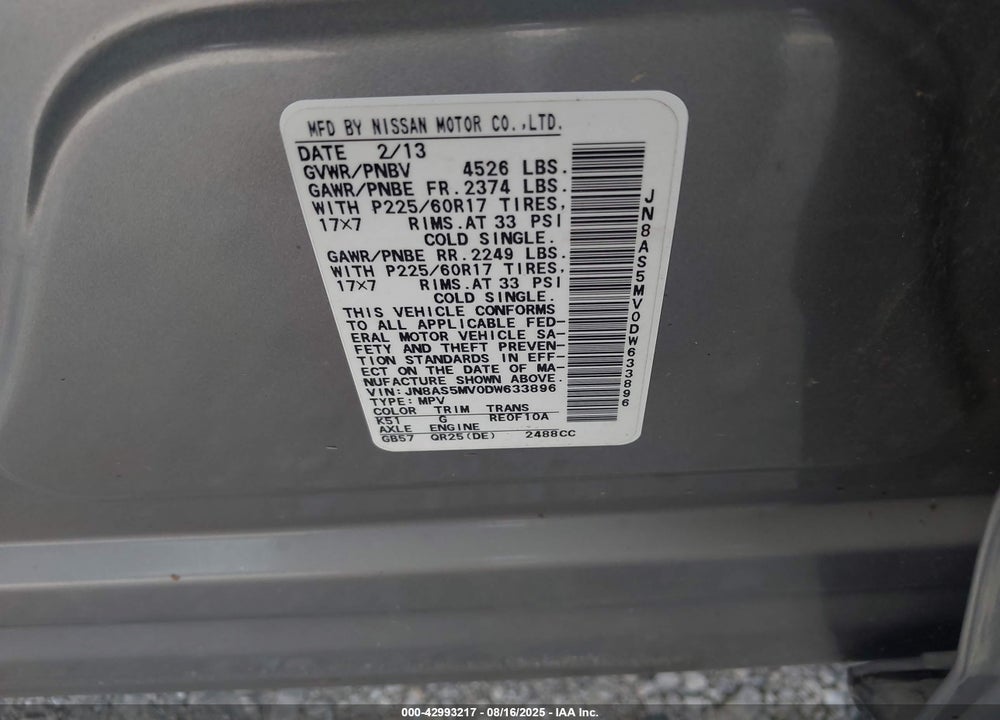 2013 NISSAN ROGUE SV VIN: JN8AS5MV0DW633896
