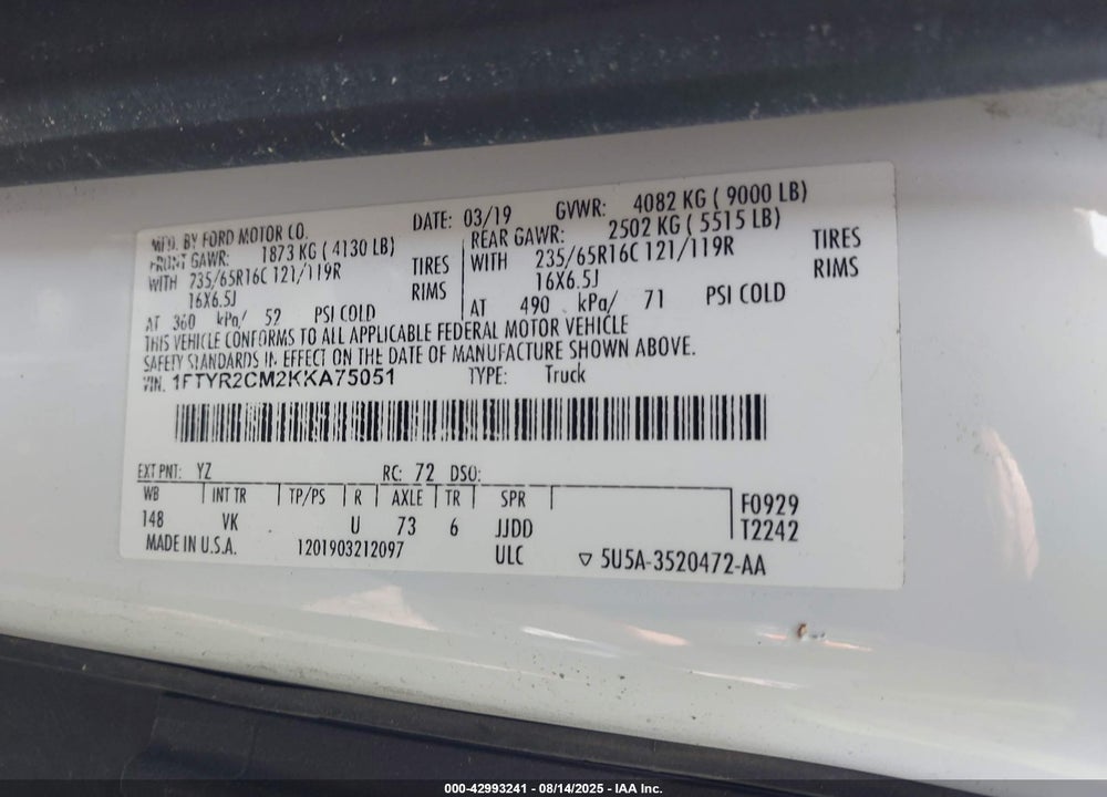 2019 FORD TRANSIT-250 VIN: 1FTYR2CM2KKA75051