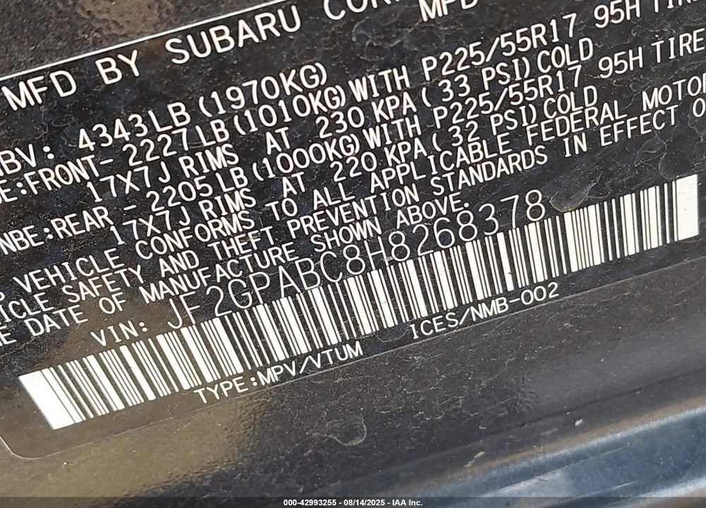 2017 SUBARU CROSSTREK VIN: JF2GPABC8H8268378