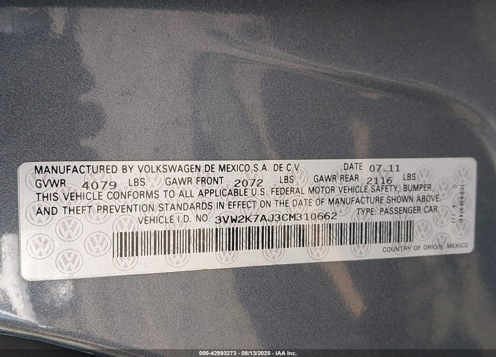 2012 VOLKSWAGEN JETTA VIN: 3VW2K7AJ3CM310662