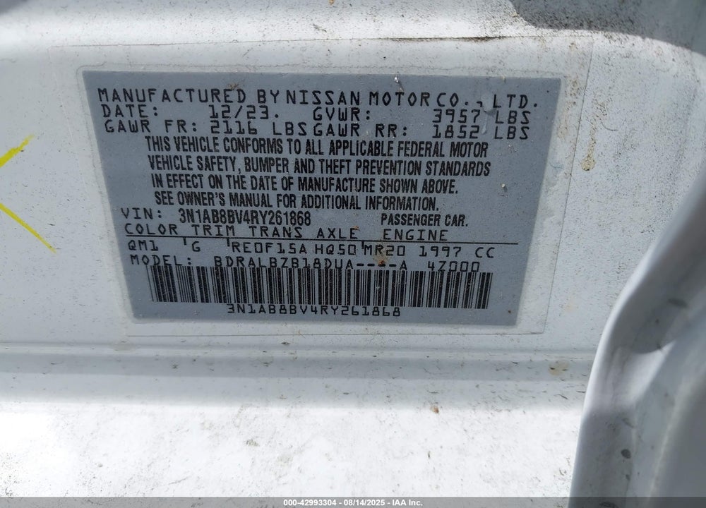 2024 NISSAN SENTRA VIN: 3N1AB8BV4RY261868