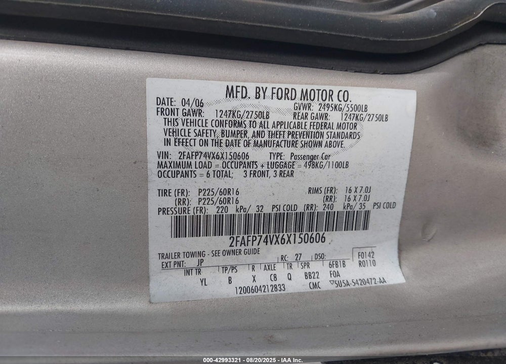 2006 FORD CROWN VICTORIA VIN: 2FAFP74VX6X150606