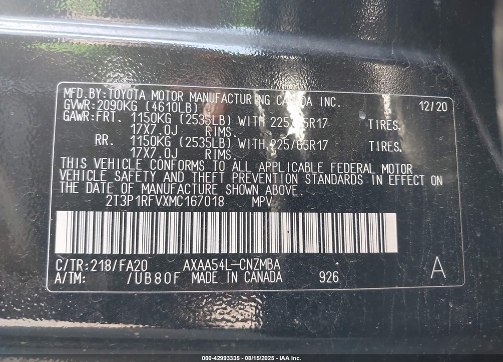 2021 TOYOTA RAV4 VIN: 2T3P1RFVXMC167018