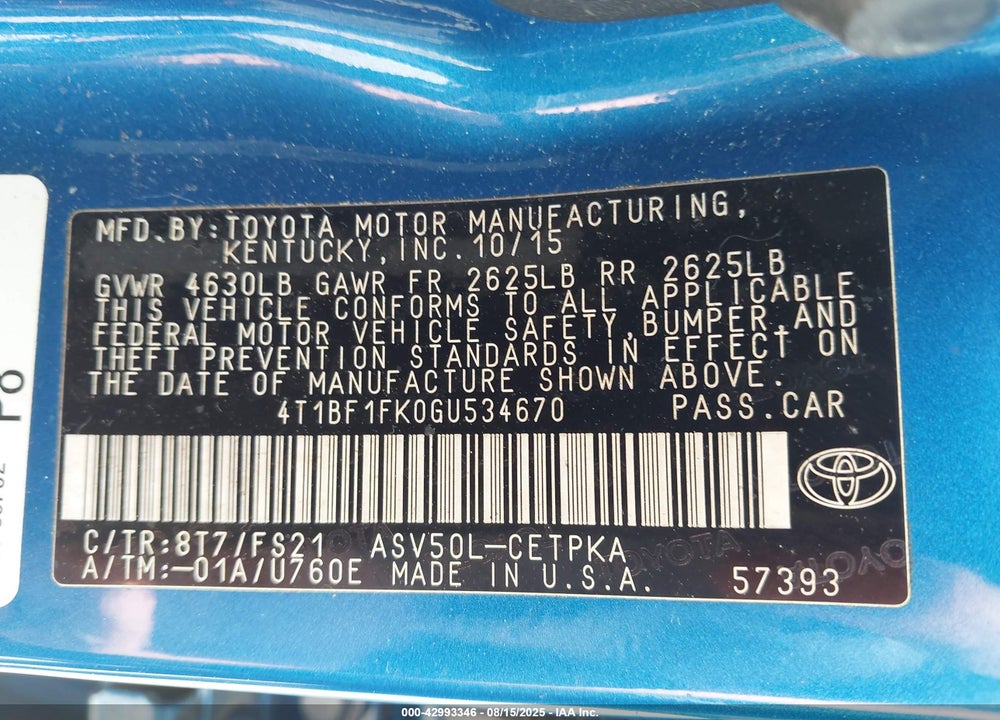 2016 TOYOTA CAMRY VIN: 4T1BF1FK0GU534670