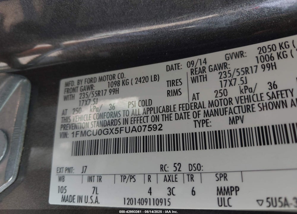 2015 FORD ESCAPE SE VIN: 1FMCU0GX5FUA07592