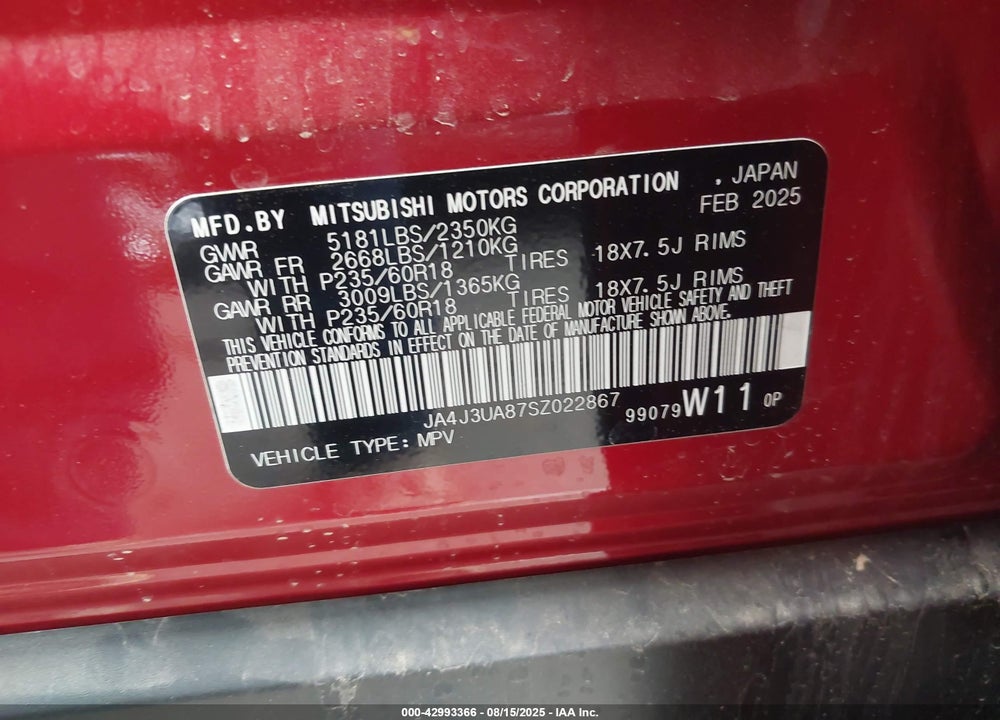 2025 MITSUBISHI OUTLANDER ES 2.5 2WD VIN: JA4J3UA87SZ022867