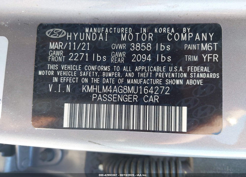 2021 HYUNDAI ELANTRA VIN: KMHLM4AG8MU164272