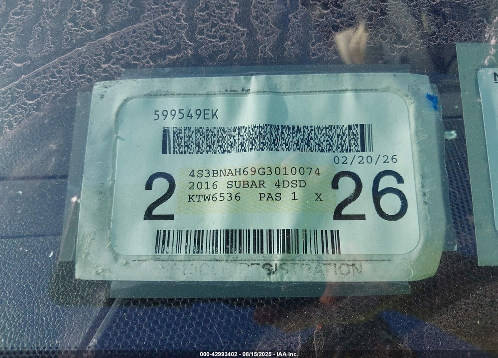 2016 SUBARU LEGACY VIN: 4S3BNAH69G3010074