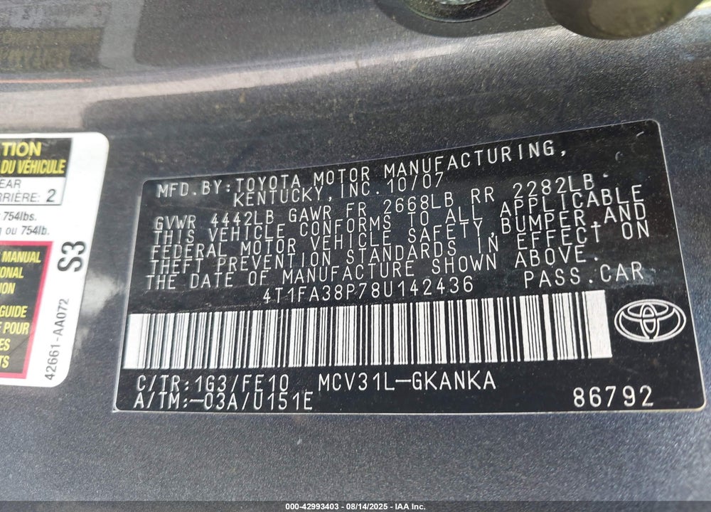 2008 TOYOTA CAMRY SOLARA SE VIN: 4T1FA38P78U142436