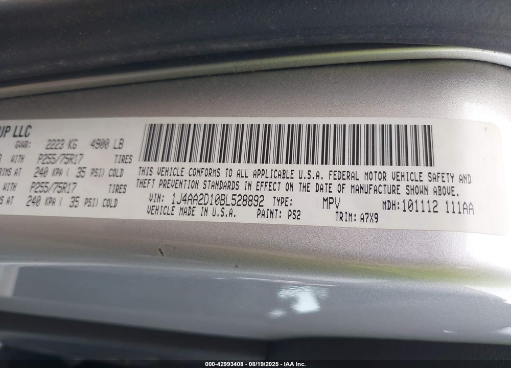 2011 JEEP WRANGLER / VIN: 1J4AA2D10BL528892