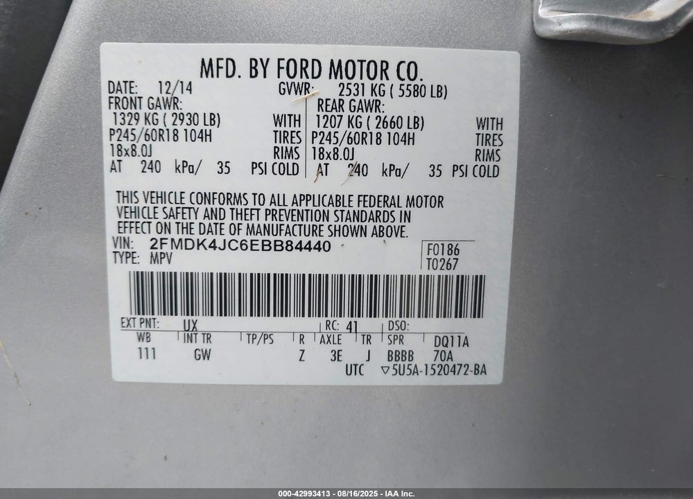 2014 FORD EDGE SEL VIN: 2FMDK4JC6EBB84440