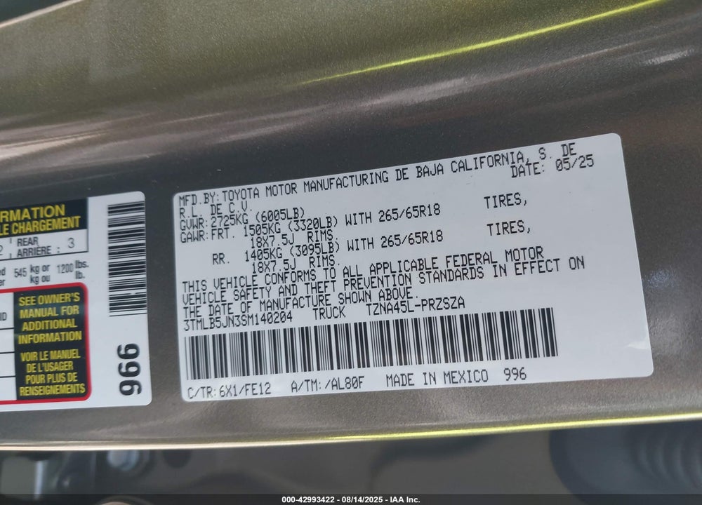 2025 TOYOTA TACOMA VIN: 3TMLB5JN3SM140204