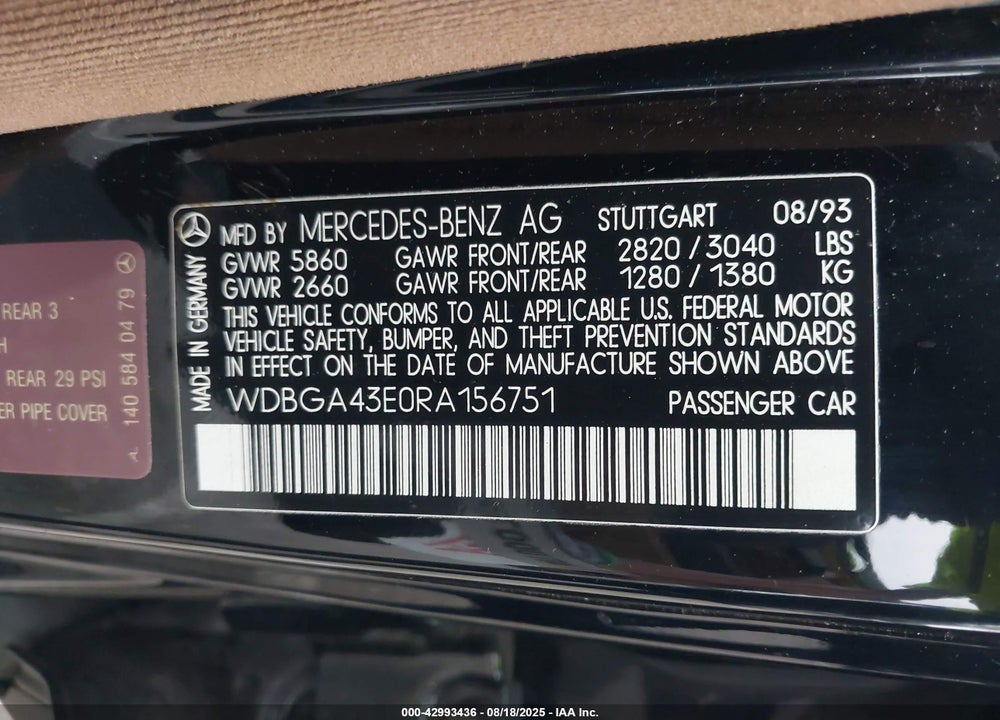 1994 MERCEDES-BENZ S 420 VIN: WDBGA43E0RA156751