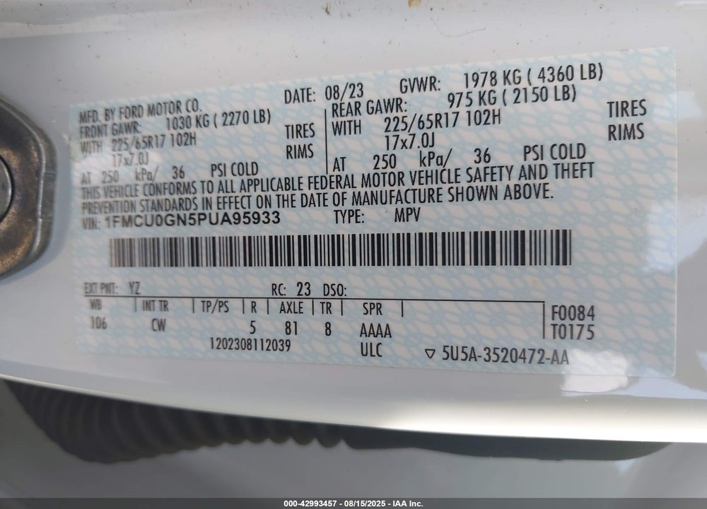 2023 FORD ESCAPE ACTIVE VIN: 1FMCU0GN5PUA95933
