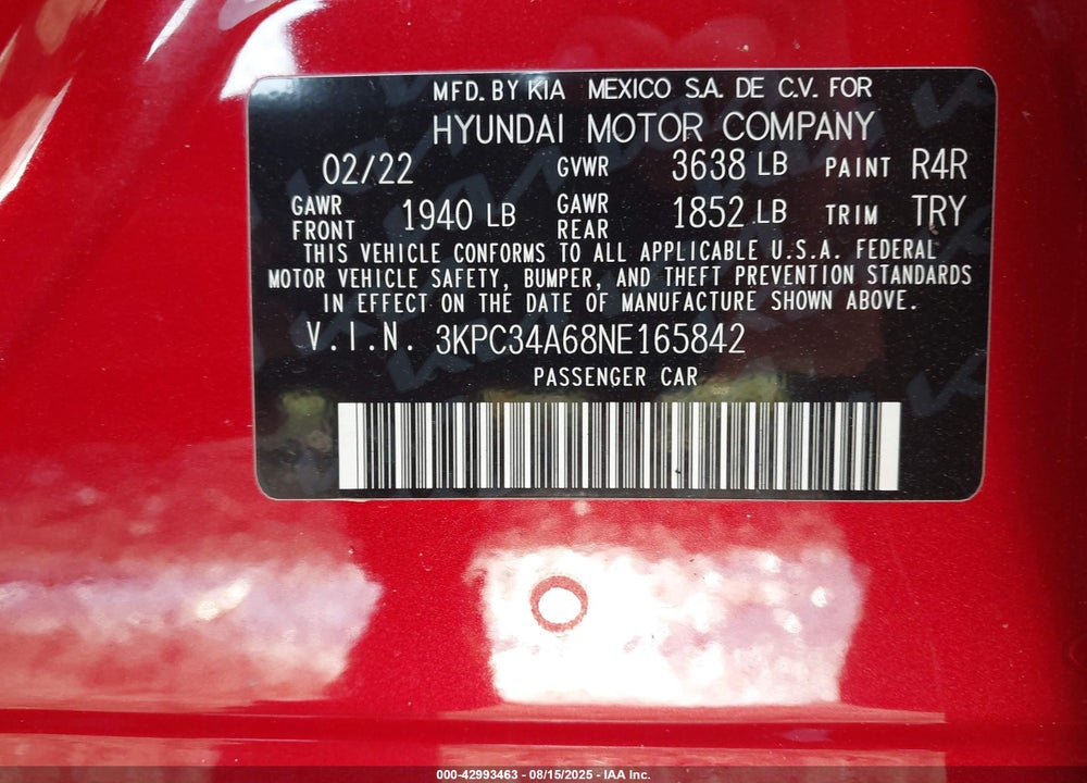 2022 HYUNDAI ACCENT LIMITED VIN: 3KPC34A68NE165842
