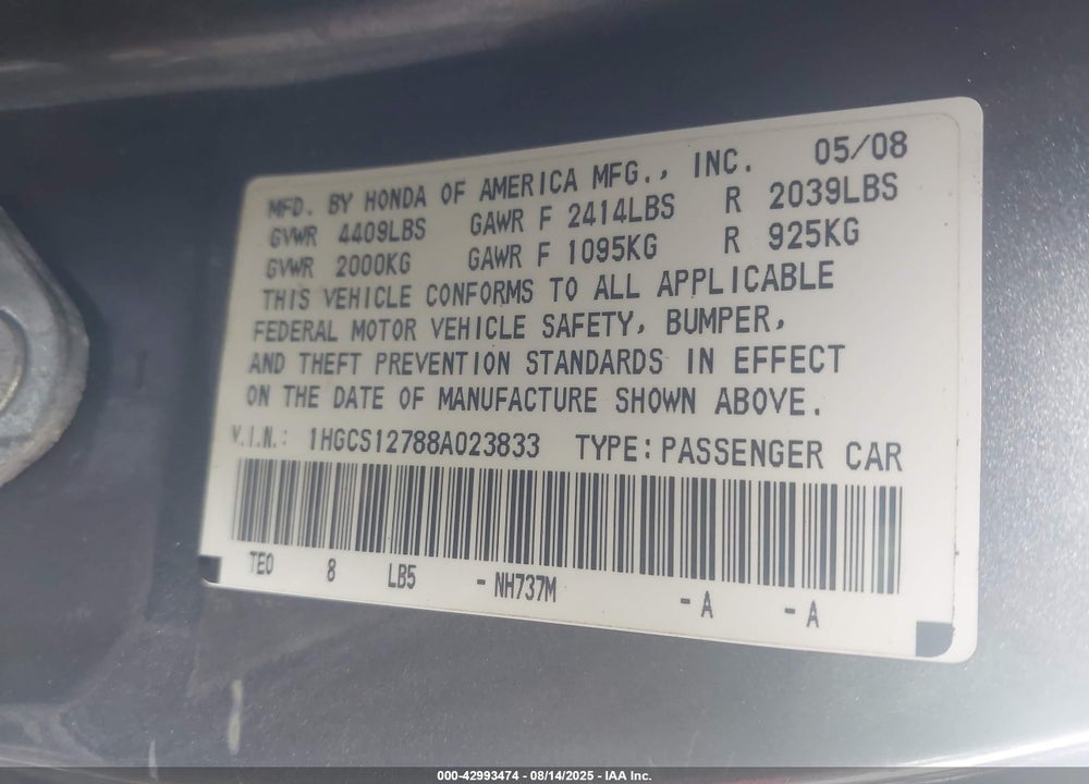 2008 HONDA ACCORD VIN: 1HGCS12788A023833